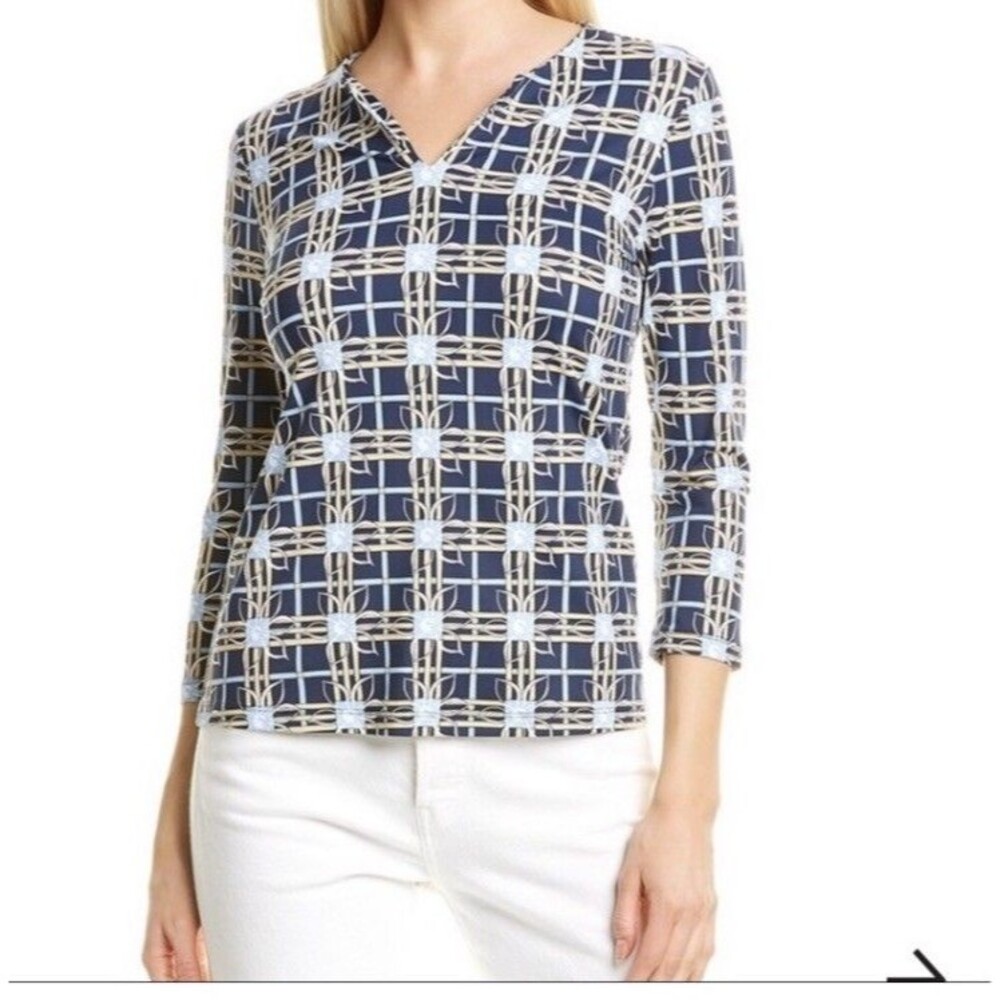 J. McLaughlin Catalina Cloth Top Size M Floral Geo Print VNeck 3/4 Sleeve Spring